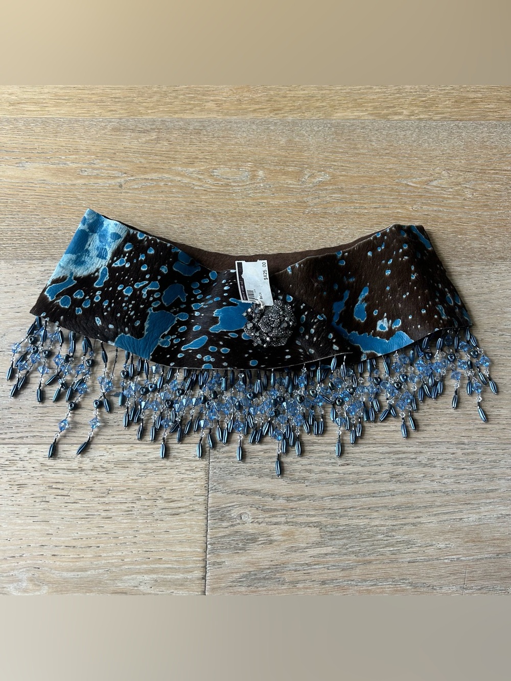 Leather Beaded Fringe Cowhide, Spotted Brown and Blue Beaded Fringe Belt